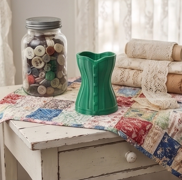 Green dress stand pen pot on a quilted table beside a jar of buttons and rolls of lace